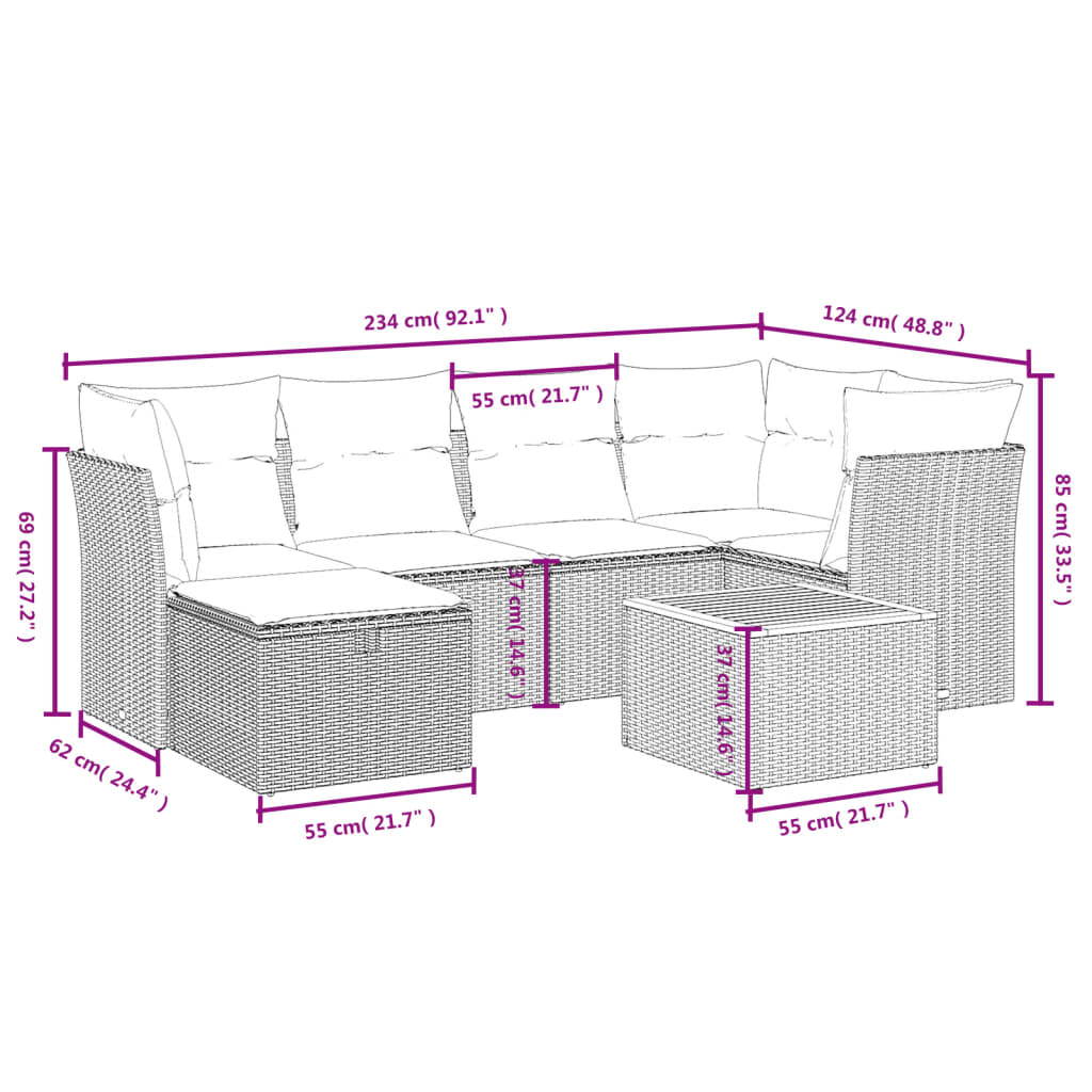 7 Pcs conjunto de sofás p/ jardim com almofadões vime PE bege