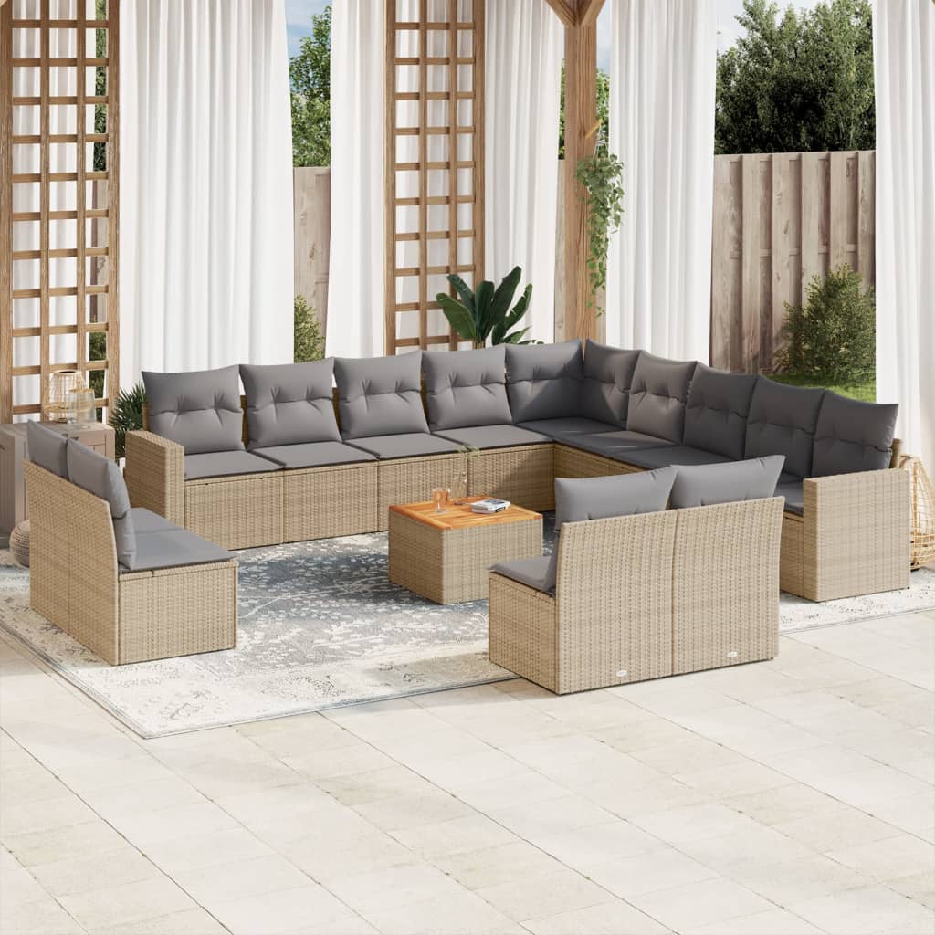 14 Pcs conj. sofás jardim c/ almofadões vime PE bege misturado