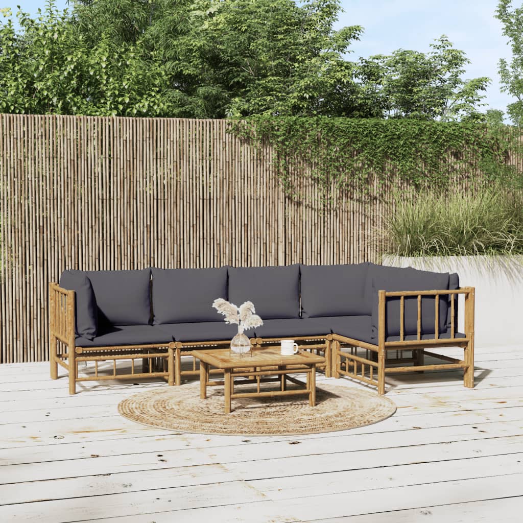 6 Pcs conjunto lounge jardim bambu c/ almofadões cinza-escuro