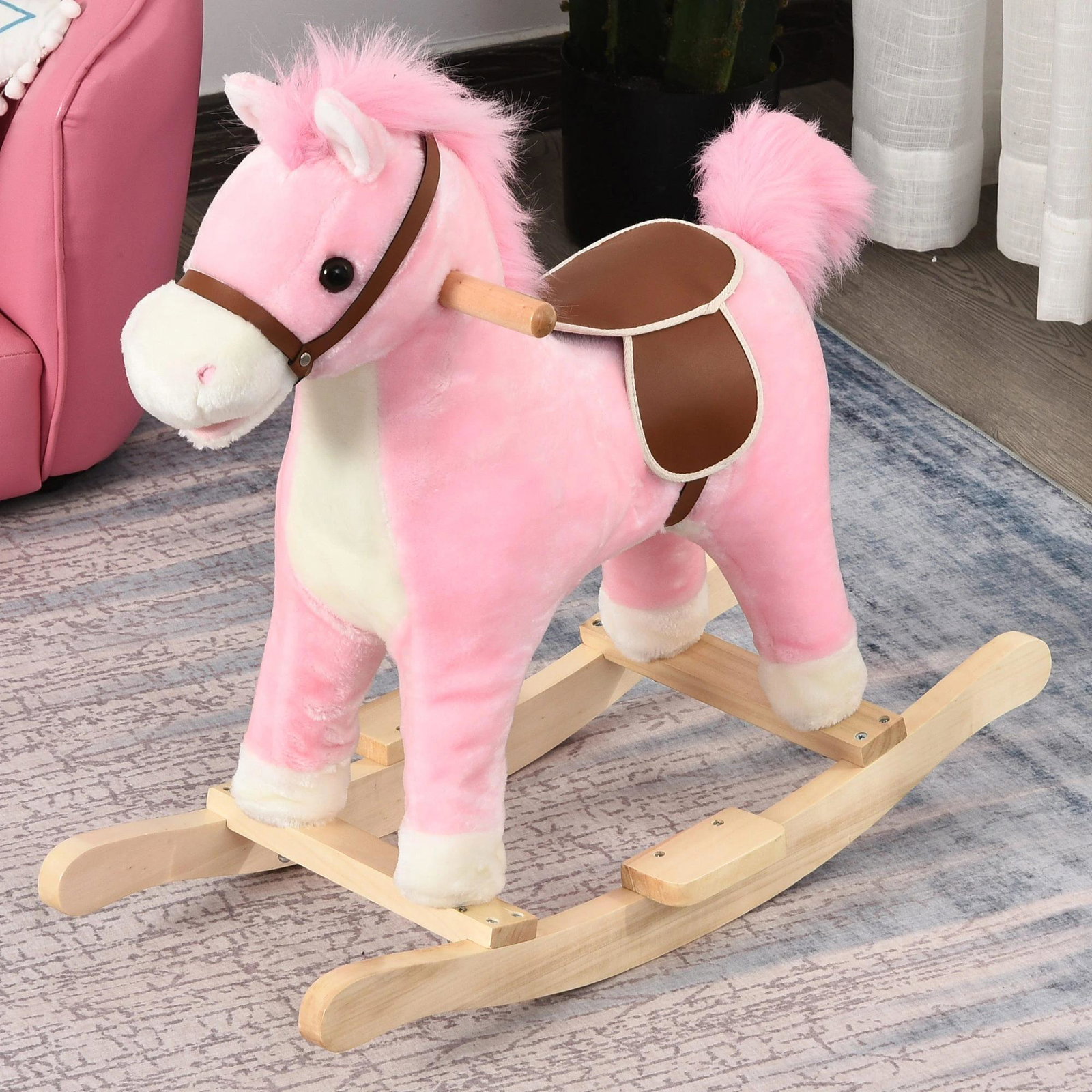 Cavalo baloiço para crianças cavalo baloiço de pelúcia suave com música relinchos sons de galope boca e cauda móveis 65x32,5x61 cm rosa
