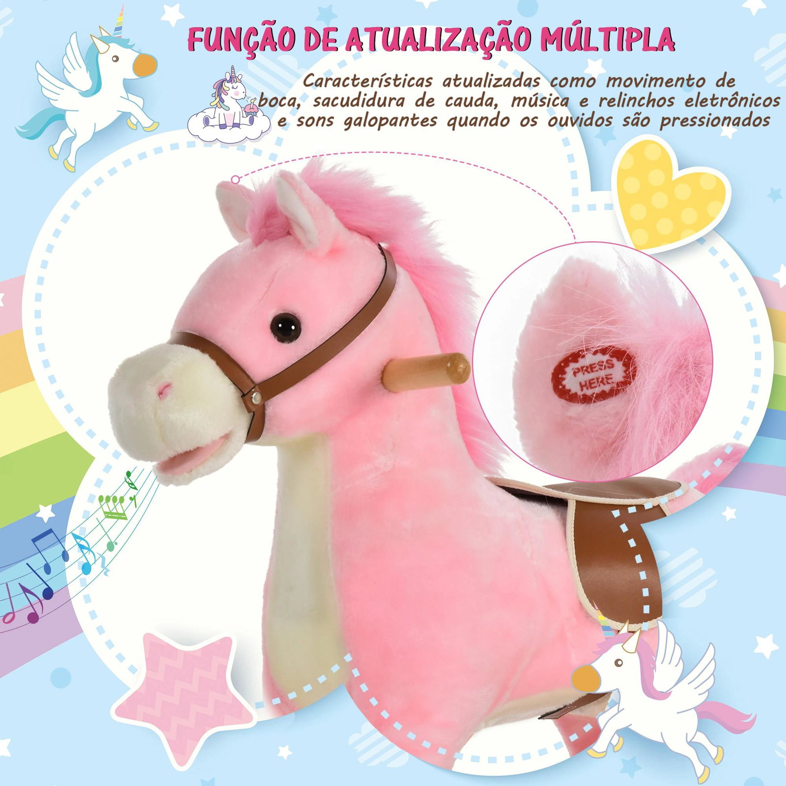 Cavalo baloiço para crianças cavalo baloiço de pelúcia suave com música relinchos sons de galope boca e cauda móveis 65x32,5x61 cm rosa