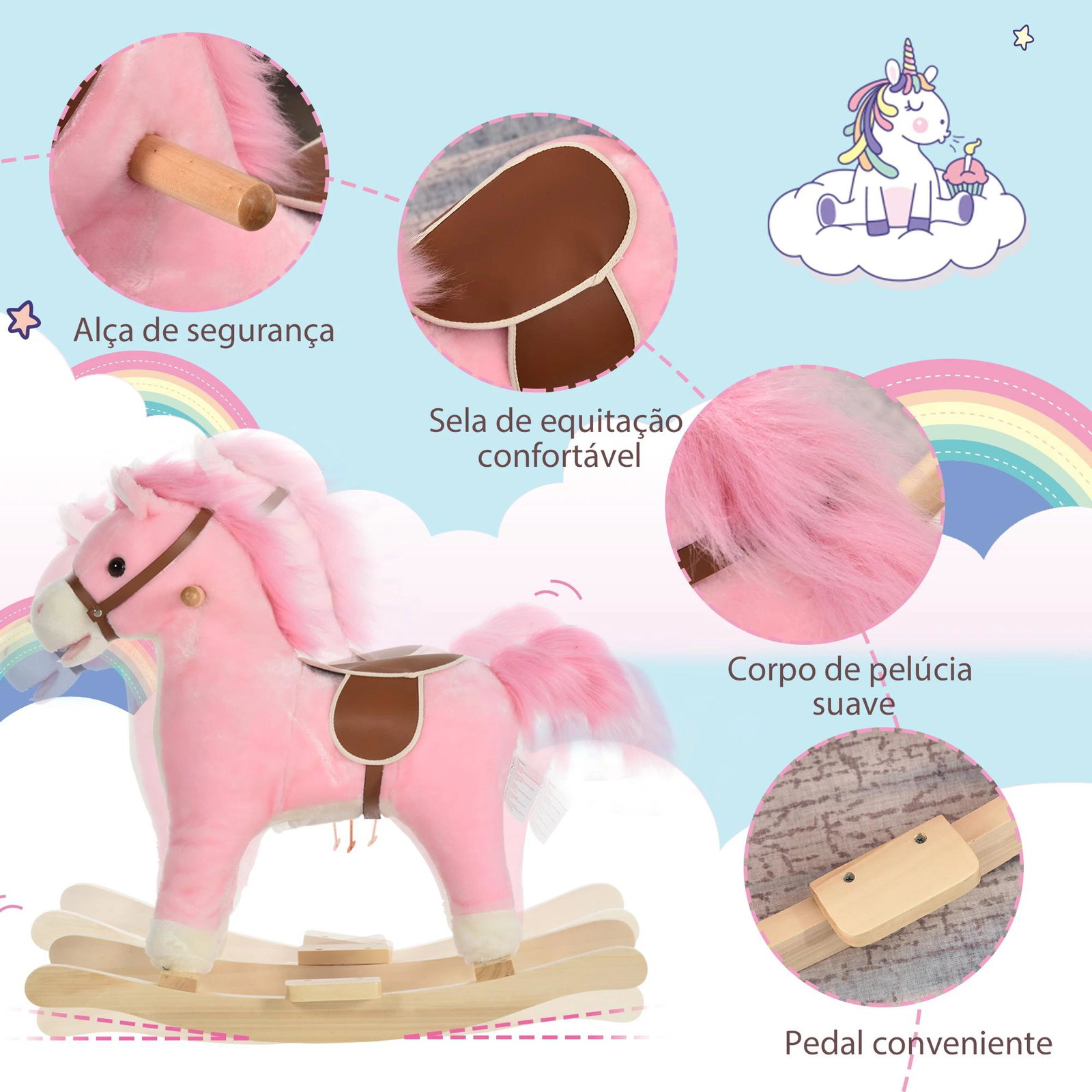 Cavalo baloiço para crianças cavalo baloiço de pelúcia suave com música relinchos sons de galope boca e cauda móveis 65x32,5x61 cm rosa
