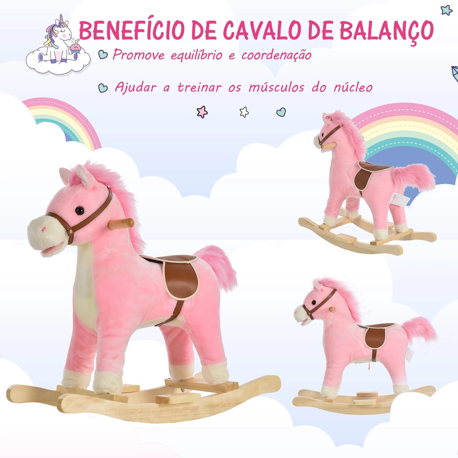 Cavalo baloiço para crianças cavalo baloiço de pelúcia suave com música relinchos sons de galope boca e cauda móveis 65x32,5x61 cm rosa