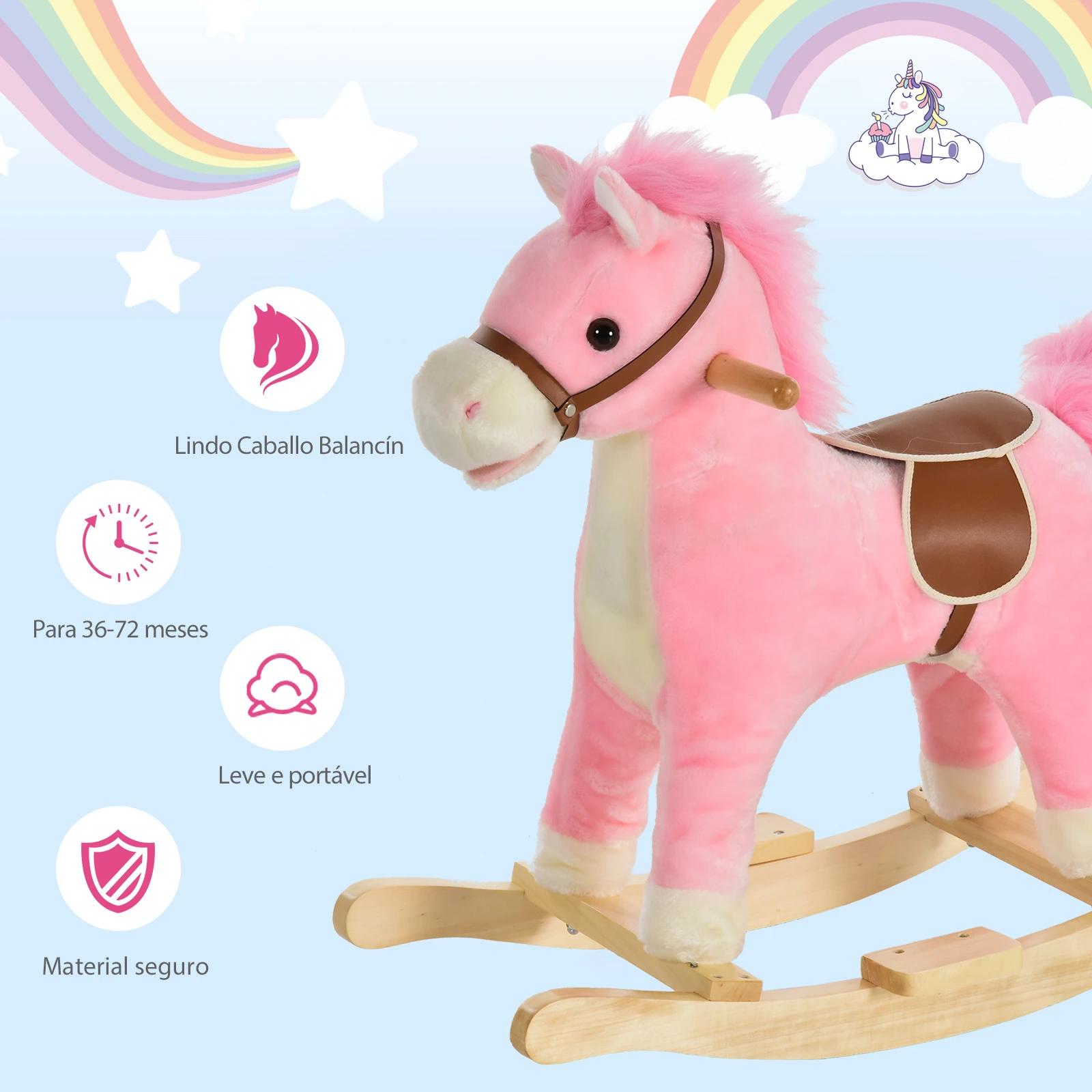Cavalo baloiço para crianças cavalo baloiço de pelúcia suave com música relinchos sons de galope boca e cauda móveis 65x32,5x61 cm rosa