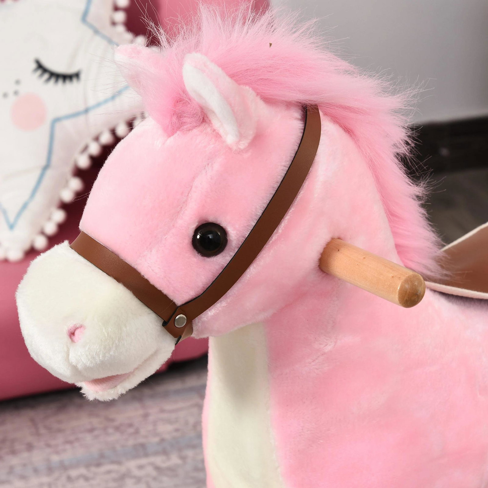 Cavalo baloiço para crianças cavalo baloiço de pelúcia suave com música relinchos sons de galope boca e cauda móveis 65x32,5x61 cm rosa