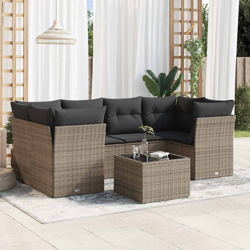 7 Pcs conjunto sofás p/ jardim c/ almofadões vime PE cinzento