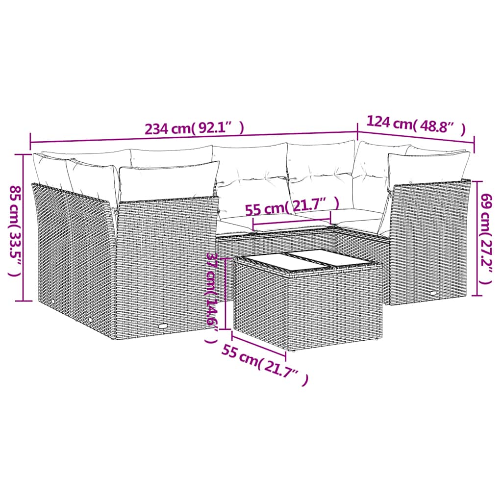 7 Pcs conjunto sofás p/ jardim c/ almofadões vime PE cinzento