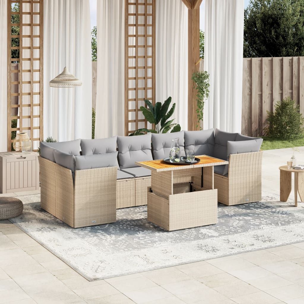 8 Pcs conjunto de sofás p/ jardim com almofadões vime PE bege