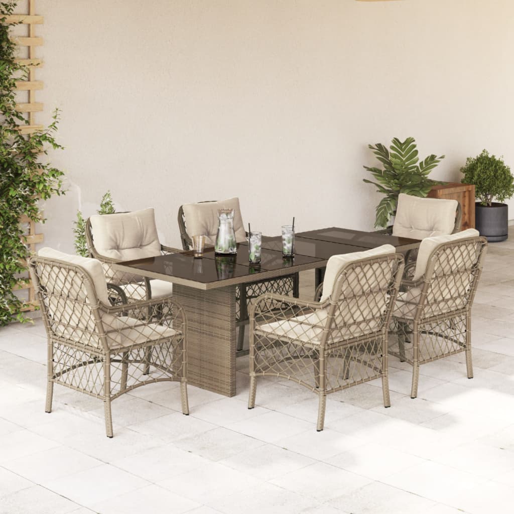 7 Pcs conjunto de jantar p/ jardim com almofadões vime PE bege