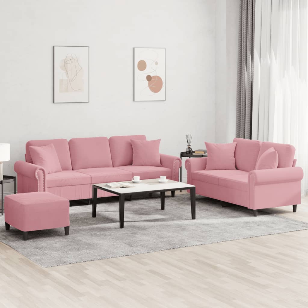 3 Pcs conjunto de sofás com almofadas veludo rosa
