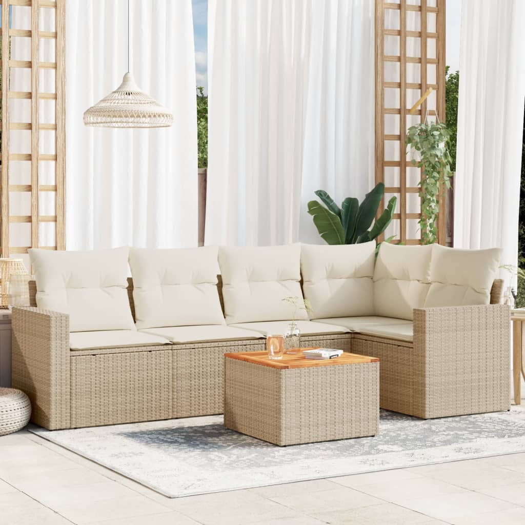 6 Pcs conjunto de sofás p/ jardim com almofadões vime PE bege