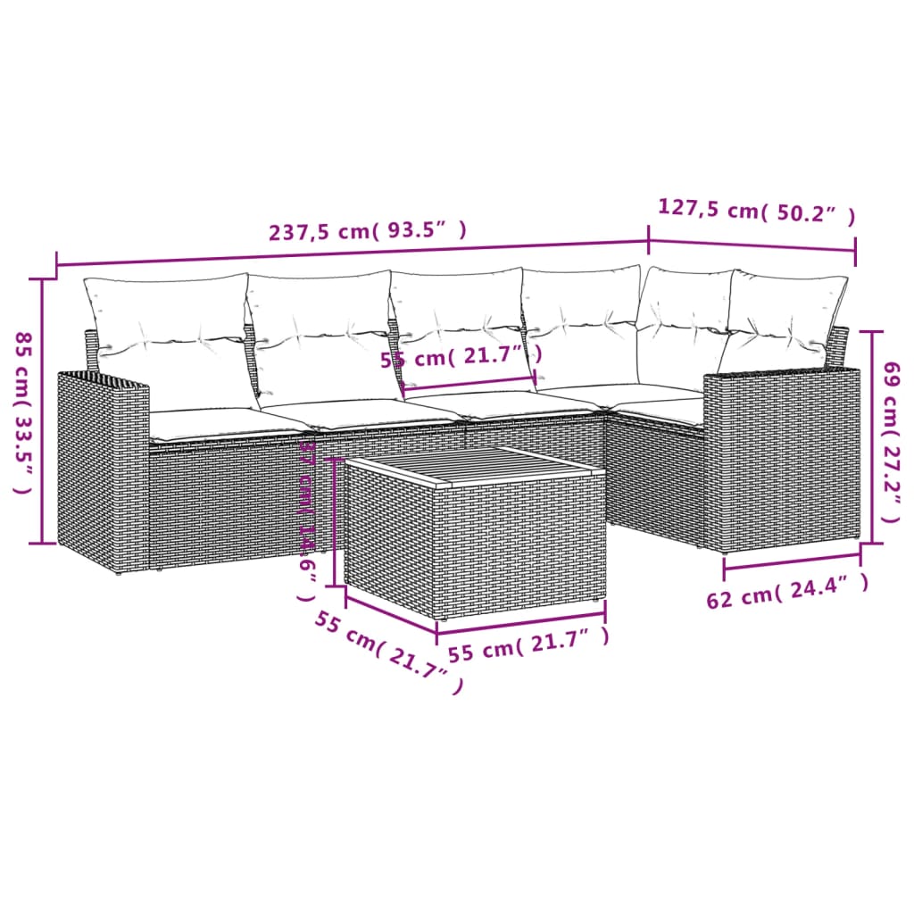 6 Pcs conjunto de sofás p/ jardim com almofadões vime PE bege