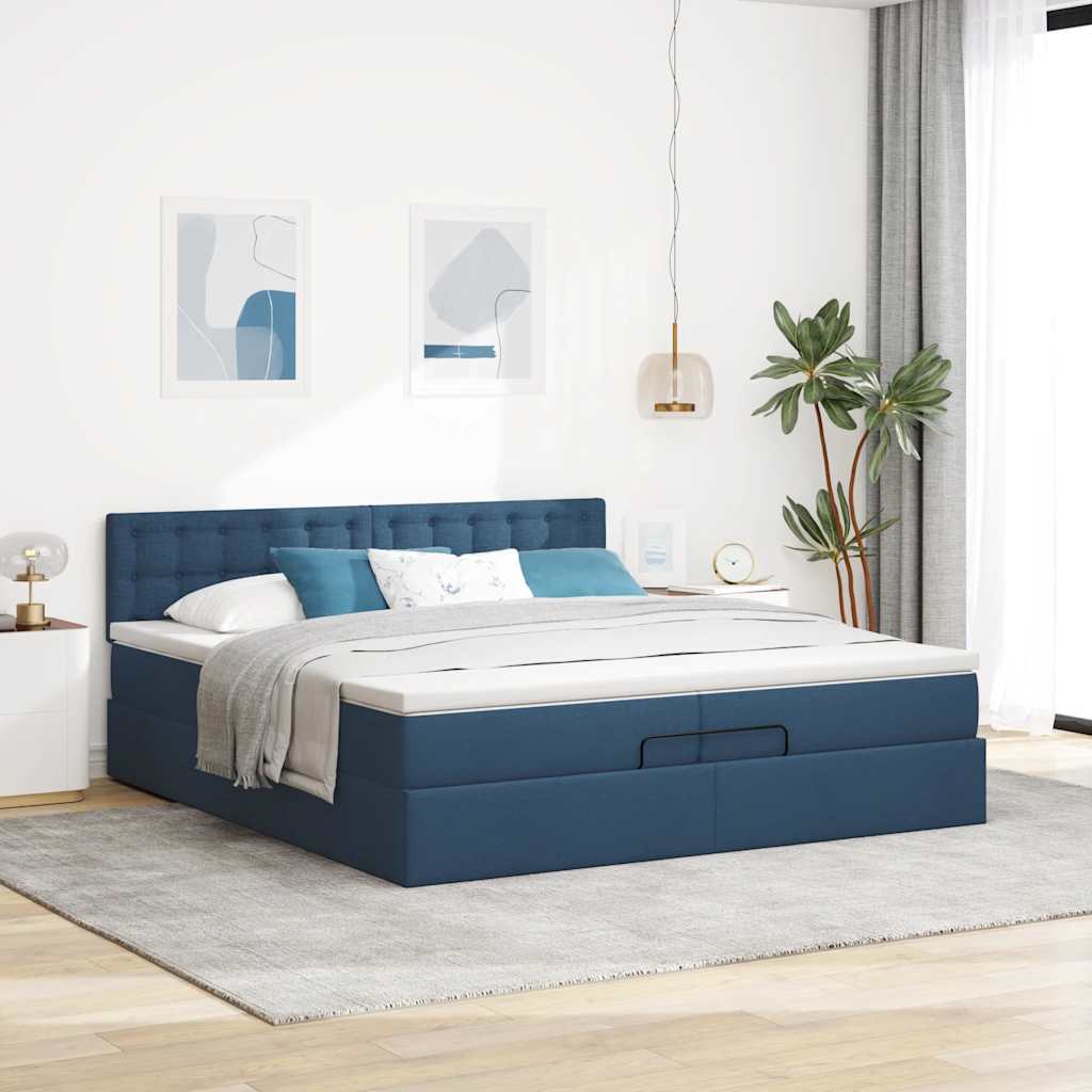Estrutura de cama otomana com colchão 200x200 cm tecido azul