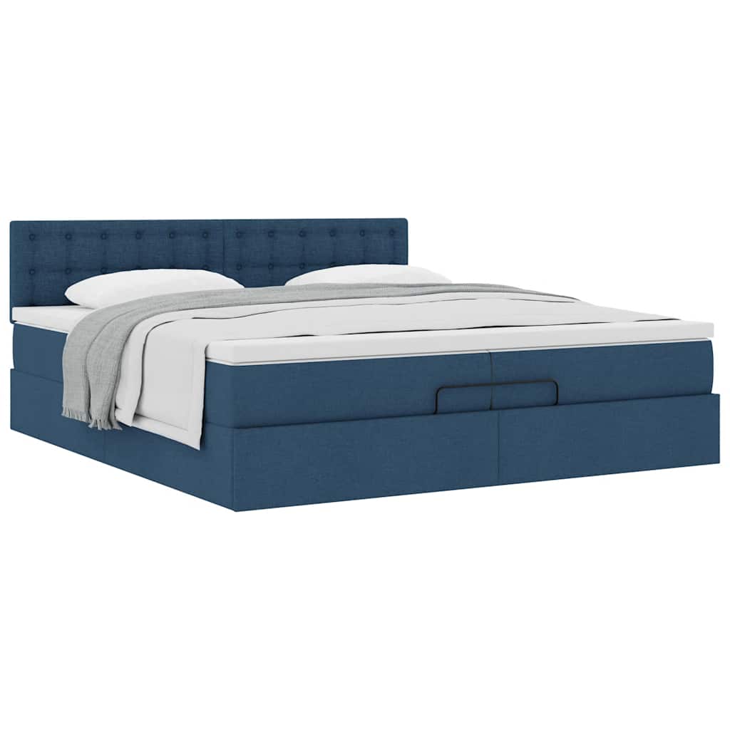 Estrutura de cama otomana com colchão 200x200 cm tecido azul