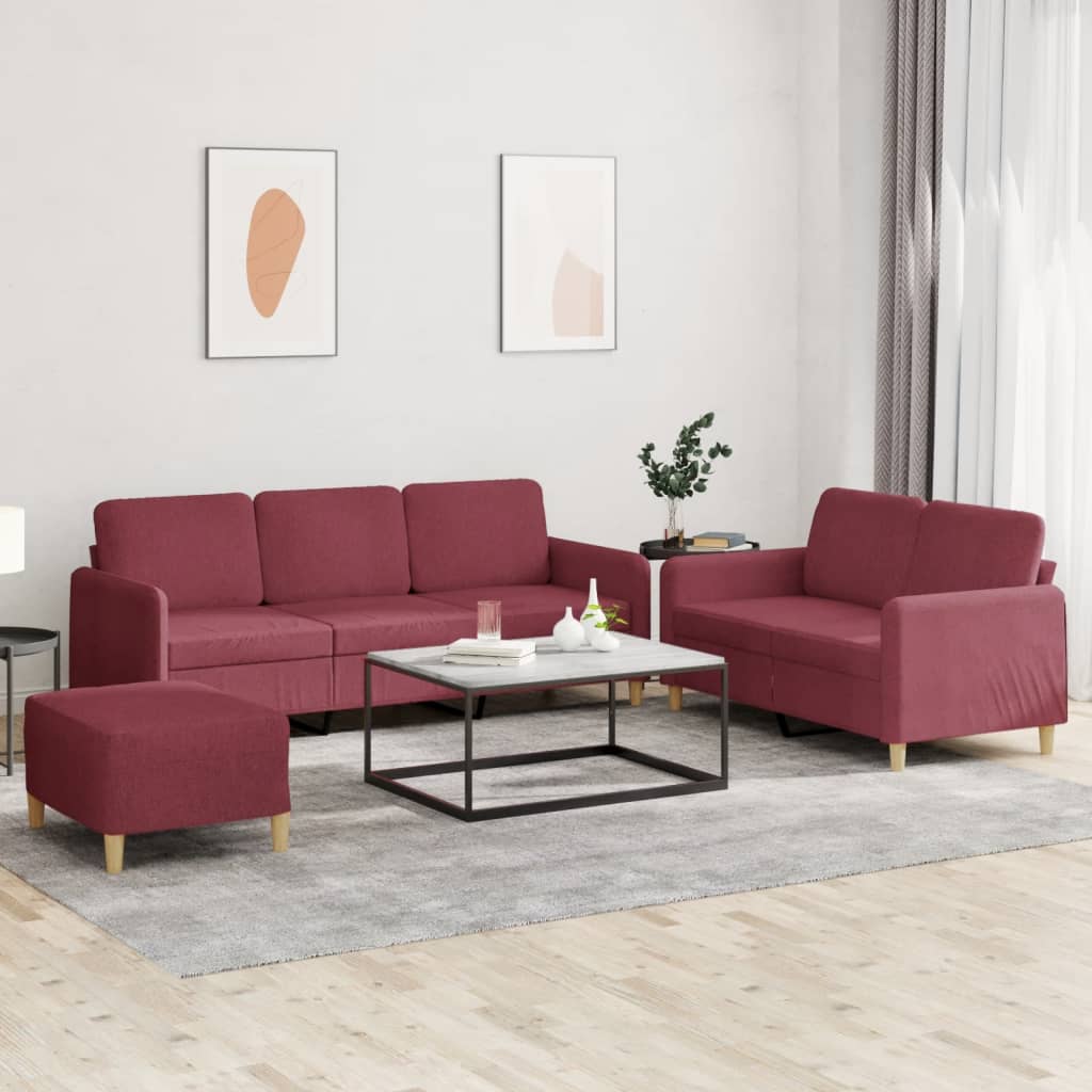 3 Pcs conjunto de sofás com almofadões tecido vermelho tinto