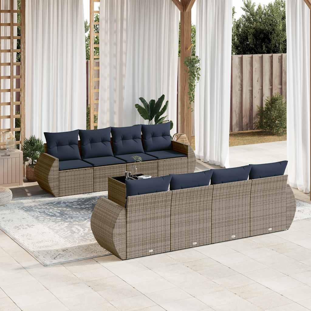 Conjunto de sofá de jardim de 9 peças com almofadas em rattan sintético cinza