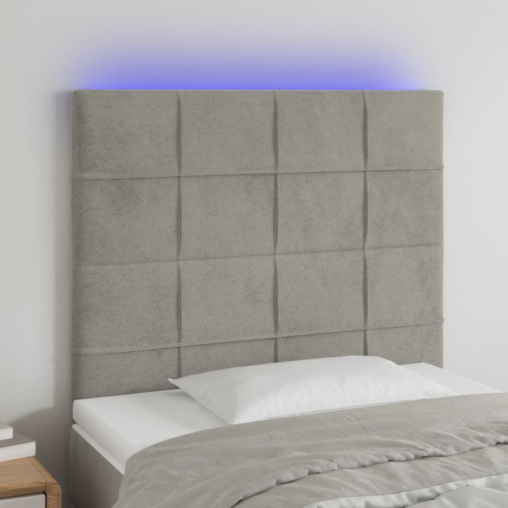 Cabeceira cama c/ luzes LED veludo 80x5x118/128cm cinza-claro