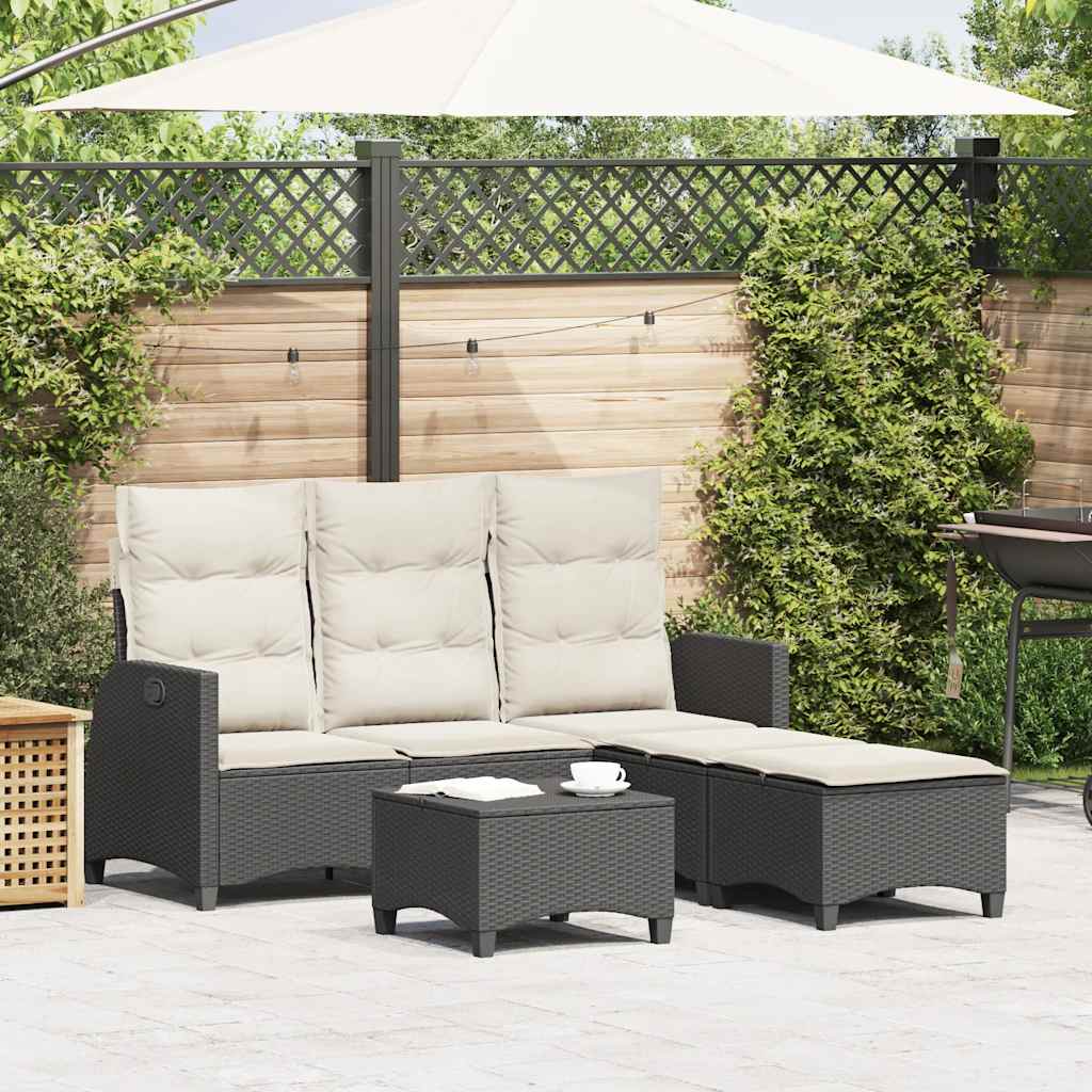 3Pcs conjunto sofás de jardim com almofadões em l vime PE preto