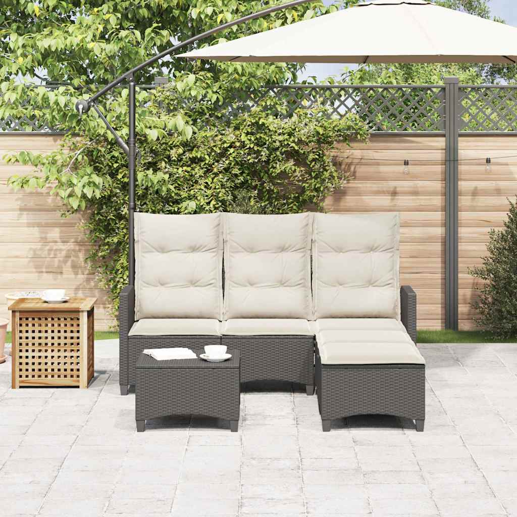 3Pcs conjunto sofás de jardim com almofadões em l vime PE preto