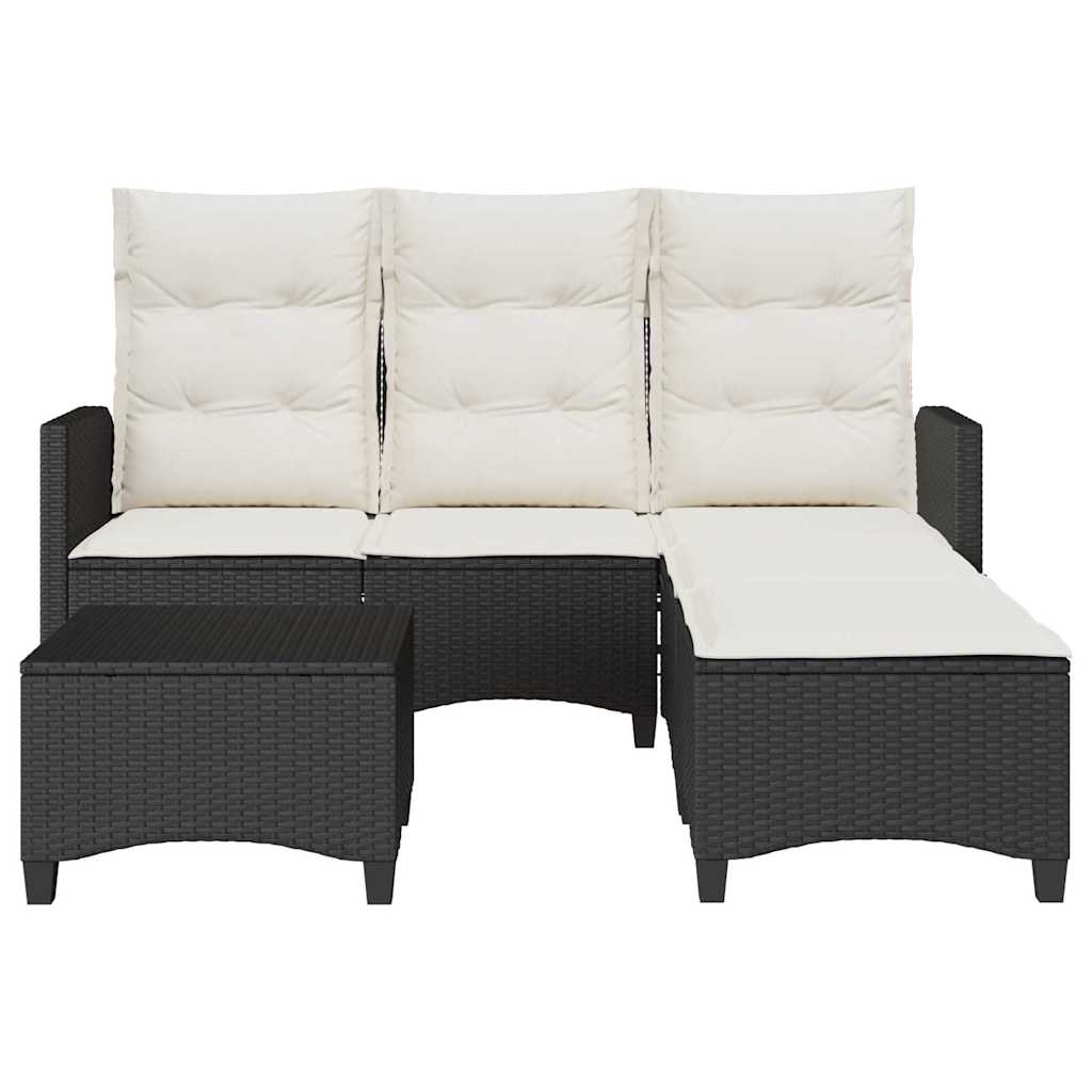 3Pcs conjunto sofás de jardim com almofadões em l vime PE preto