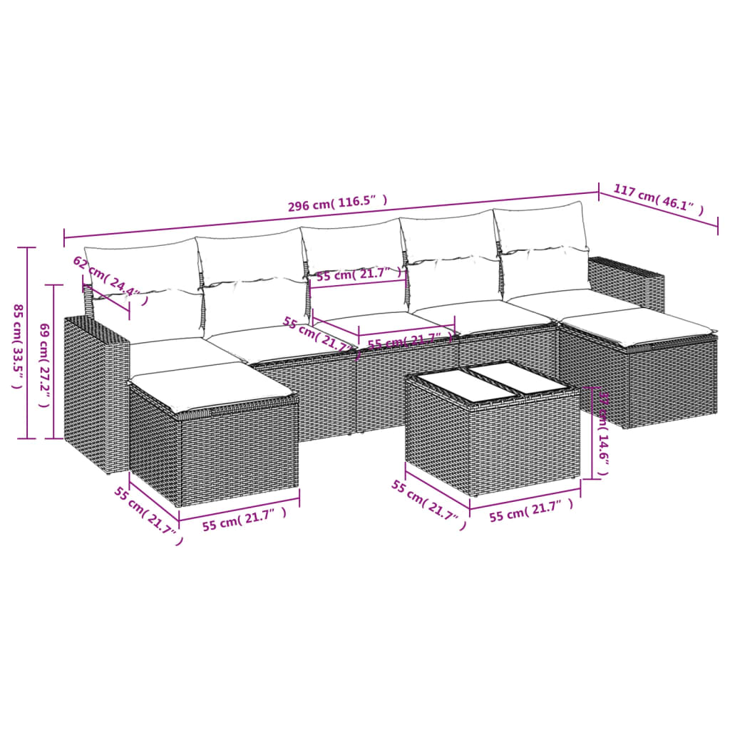8 Pcs conjunto sofás de jardim com almofadões vime PE preto