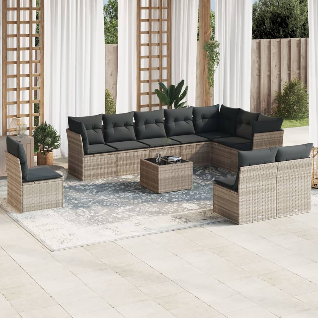 11 Pcs conjunto sofás de jardim c/ almofadões vime PE cinzento