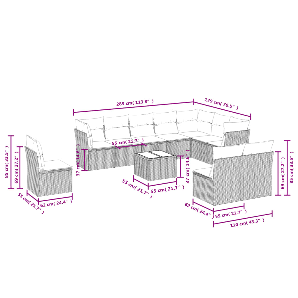 11 Pcs conjunto sofás de jardim c/ almofadões vime PE cinzento