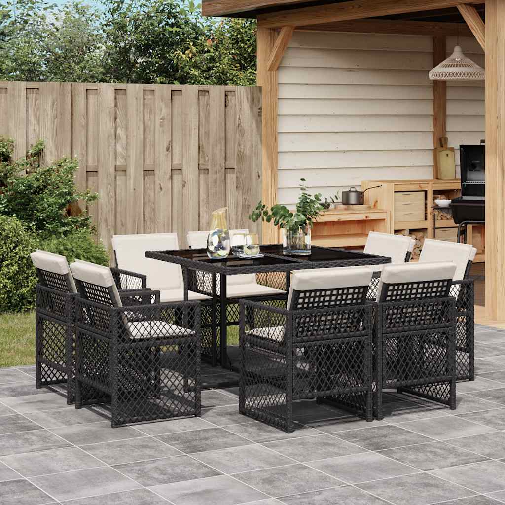 9 Pcs conjunto de jantar p/ jardim c/ almofadões vime PE preto