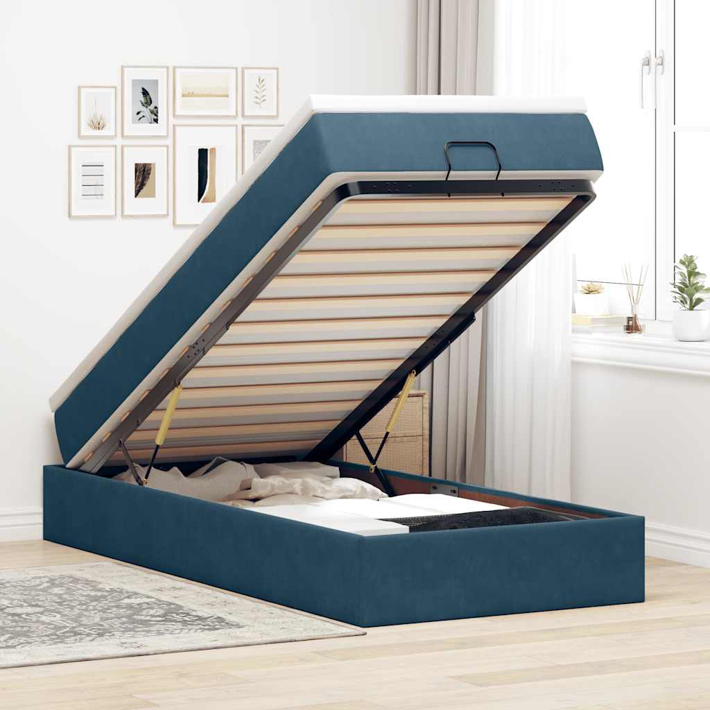 Estrutura cama otomana colchão 80x200 cm veludo azul escuro