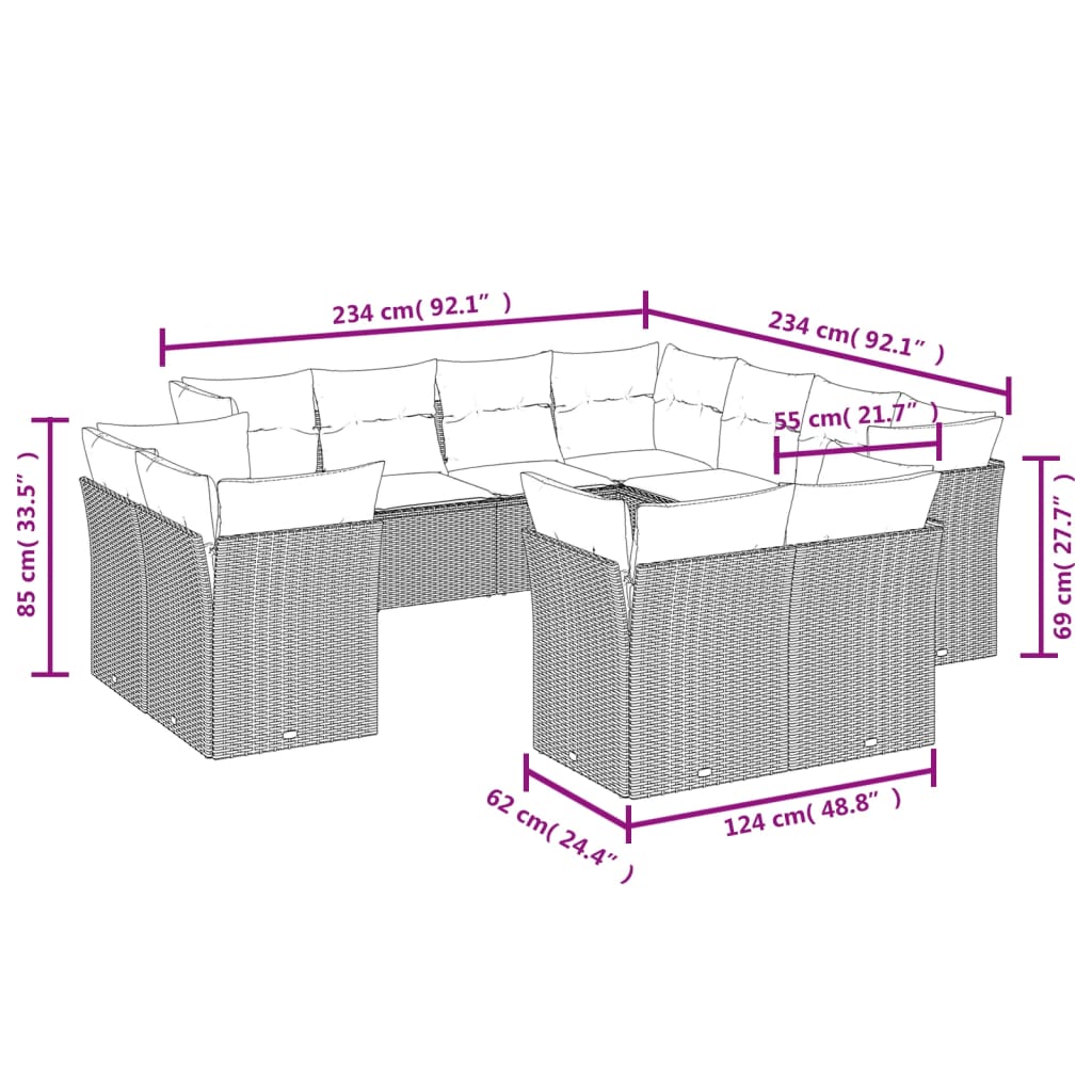 11 Pcs conjunto sofás de jardim c/ almofadões vime PE bege