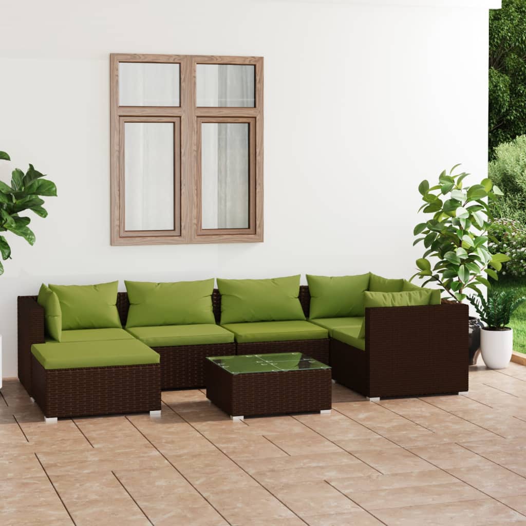 7 Pcs conjunto lounge jardim c/ almofadões vime PE castanho