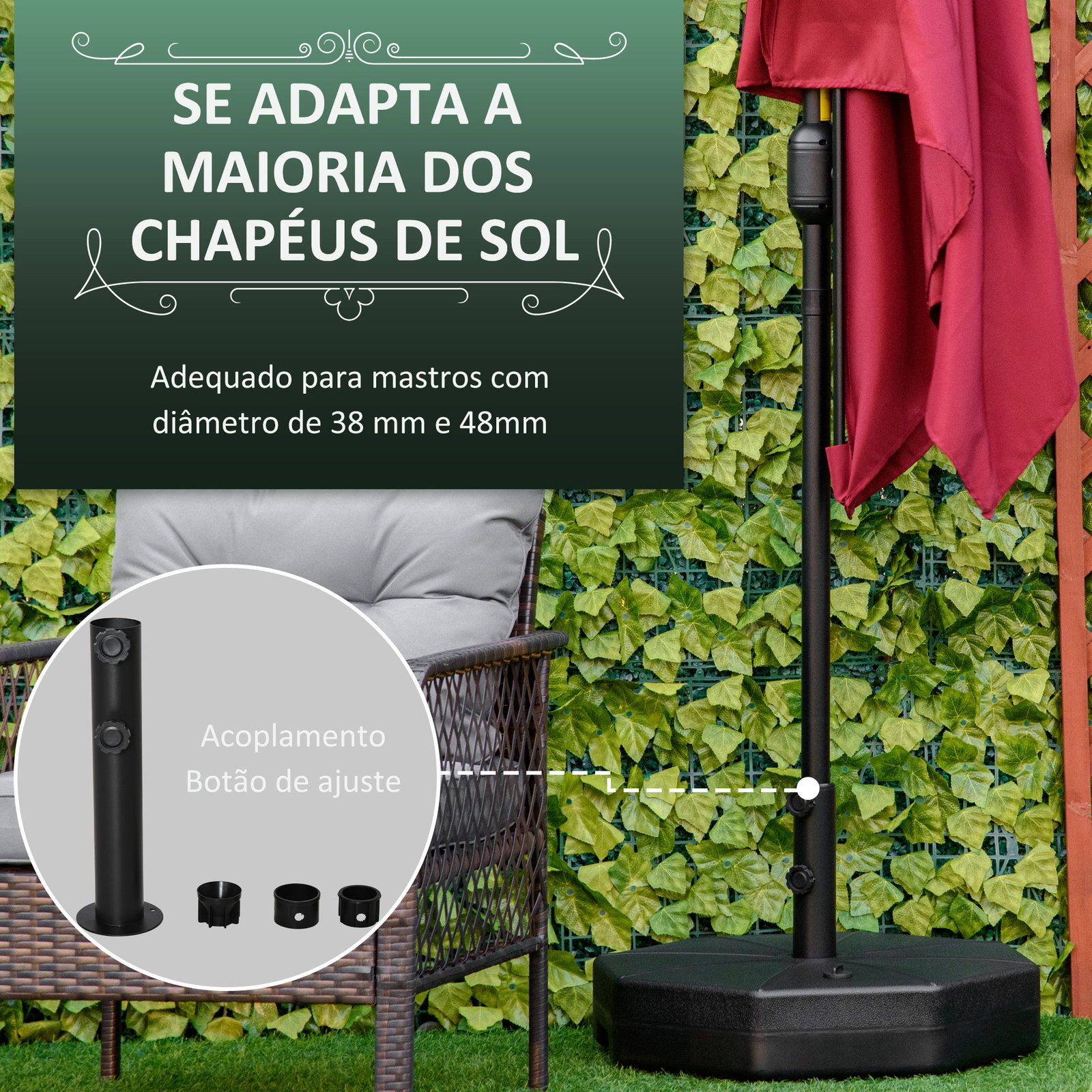 Base para Chapéu de Sol Portátil Base para Chapéu de Sol Recarregável para Mastros de Φ3,8cm e Φ4,8cm Preto