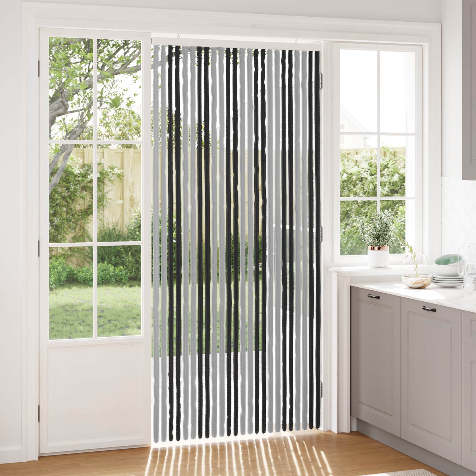 Cortina de insetos chenille cinza e preto 100 x 220 cm 100% PP