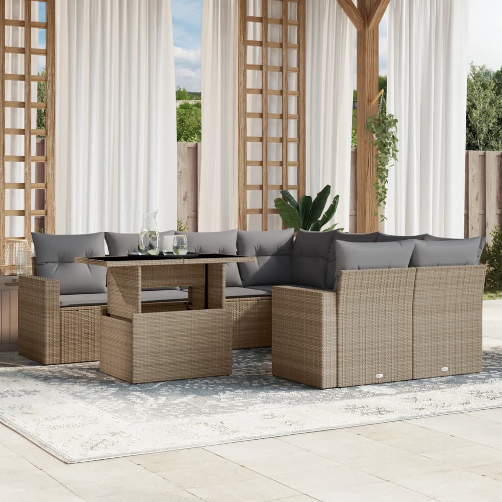 9 Pcs conjunto de sofás p/ jardim com almofadões vime PE bege