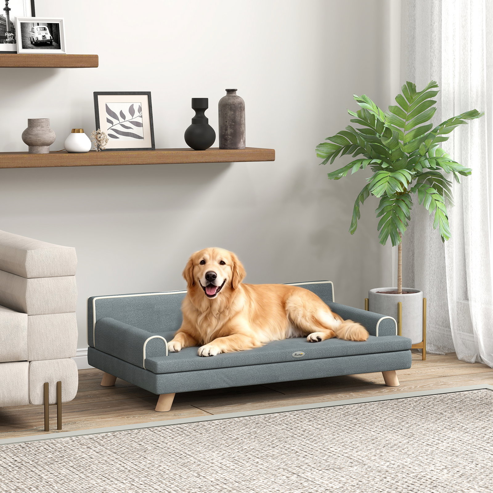 Cama elevada para cães grandes e médios 100x62x32 cm revestimento em chenille com almofada lavável cinza escuro