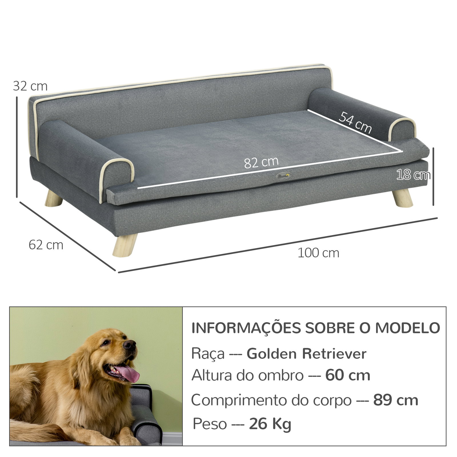Cama elevada para cães grandes e médios 100x62x32 cm revestimento em chenille com almofada lavável cinza escuro