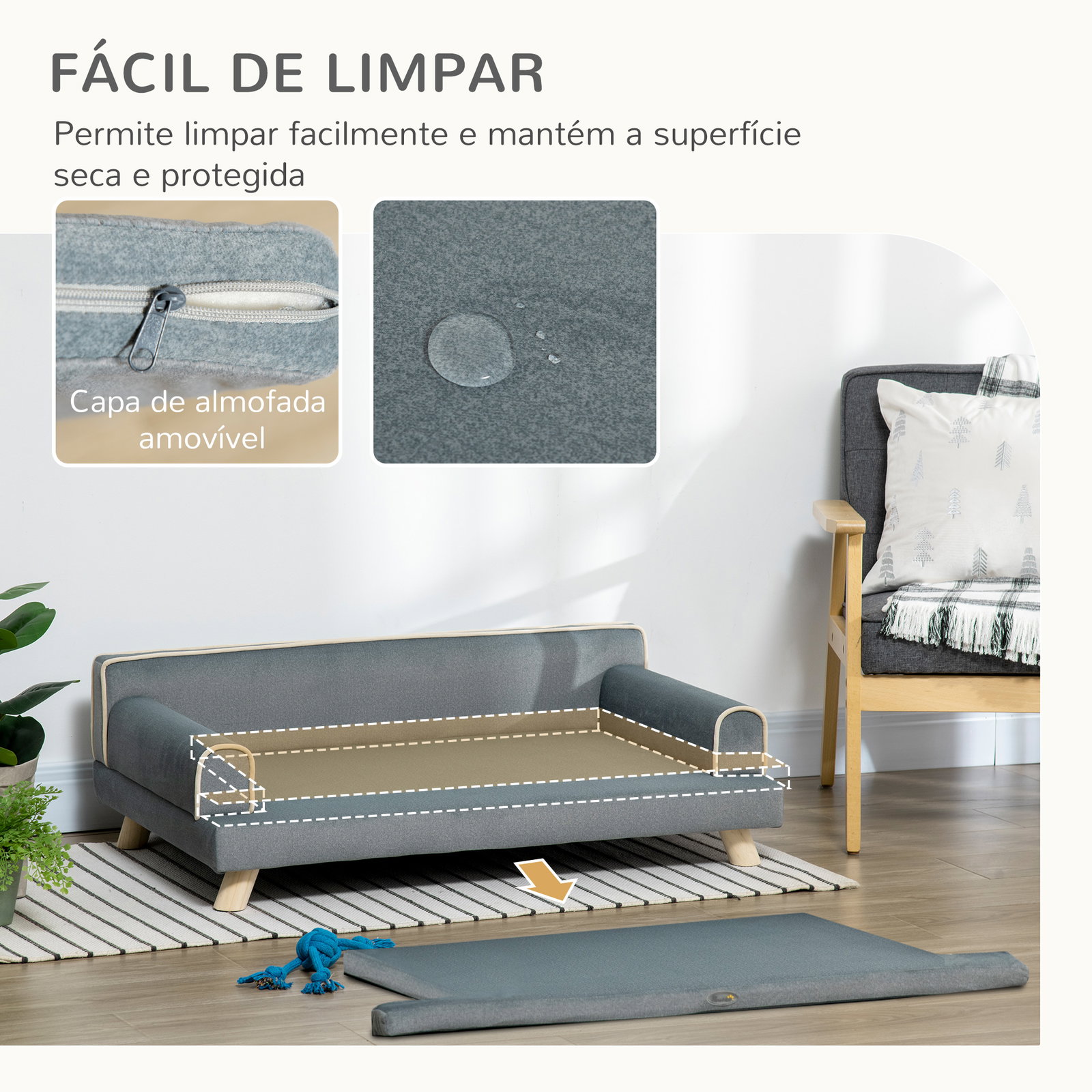 Cama elevada para cães grandes e médios 100x62x32 cm revestimento em chenille com almofada lavável cinza escuro