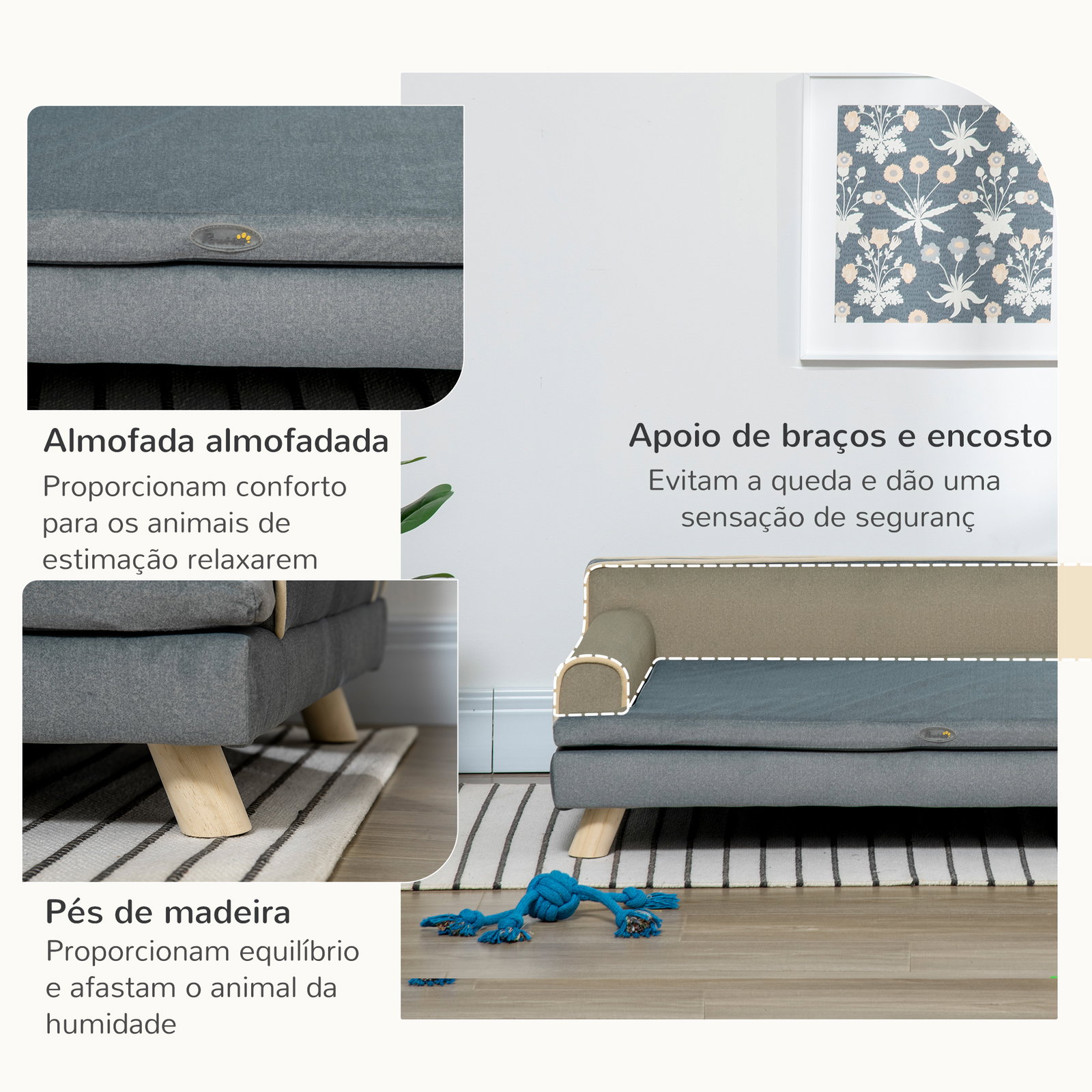 Cama elevada para cães grandes e médios 100x62x32 cm revestimento em chenille com almofada lavável cinza escuro