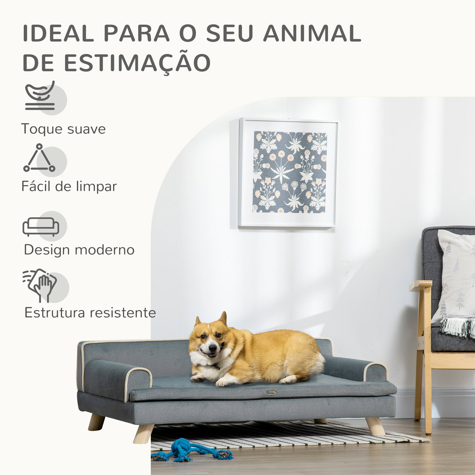 Cama elevada para cães grandes e médios 100x62x32 cm revestimento em chenille com almofada lavável cinza escuro