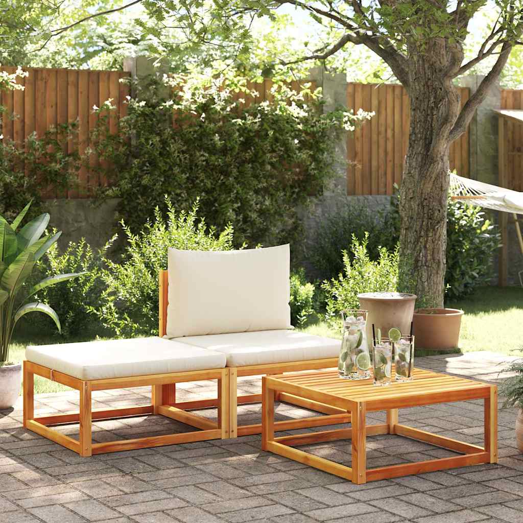 Conjunto de sofás de jardim de 3 peças com almofadas de madeira de acácia e vime