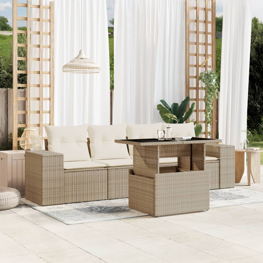 5 Pcs conjunto de sofás p/ jardim com almofadões vime PE bege