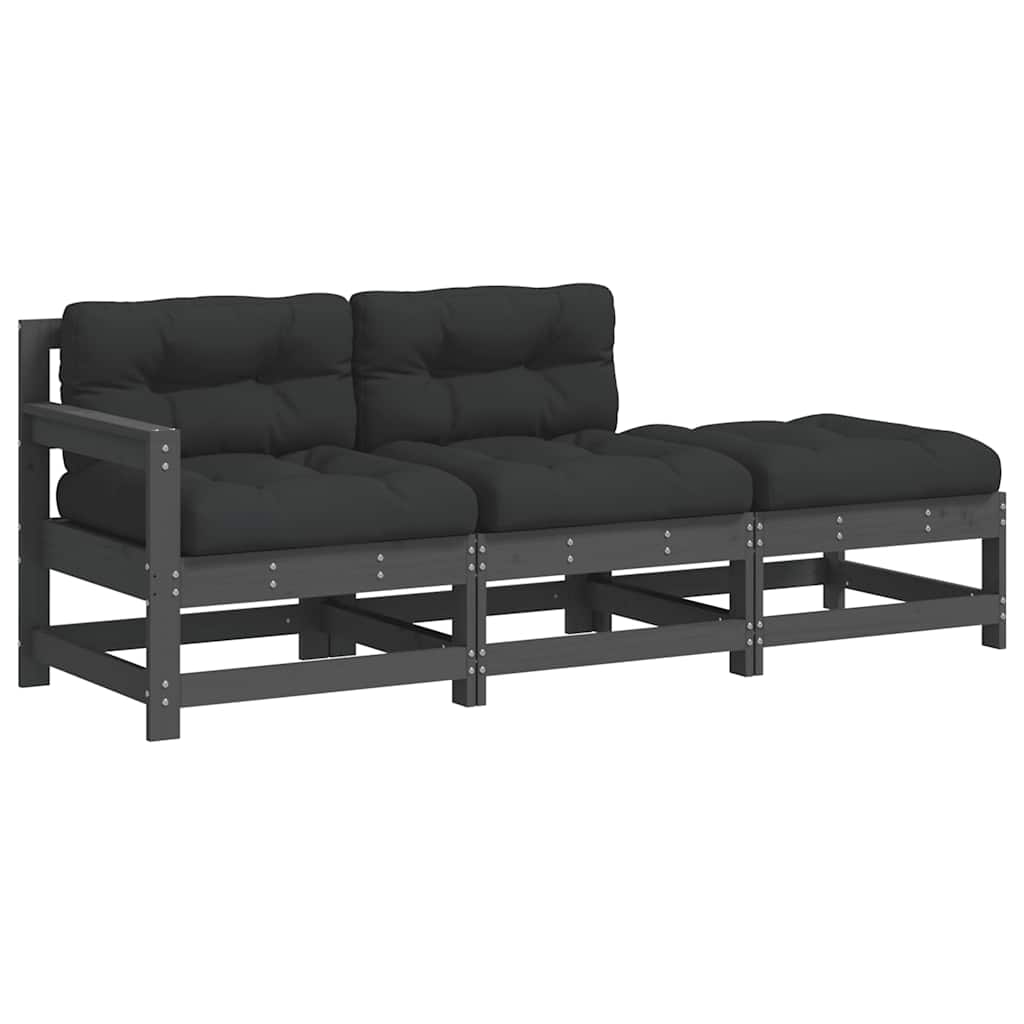 3 Pcs conjunto lounge jardim c/ almofadões madeira maciça cinza