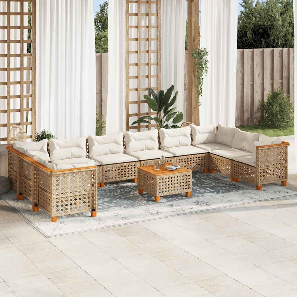 11 Pcs conjunto sofás de jardim c/ almofadões vime PE bege