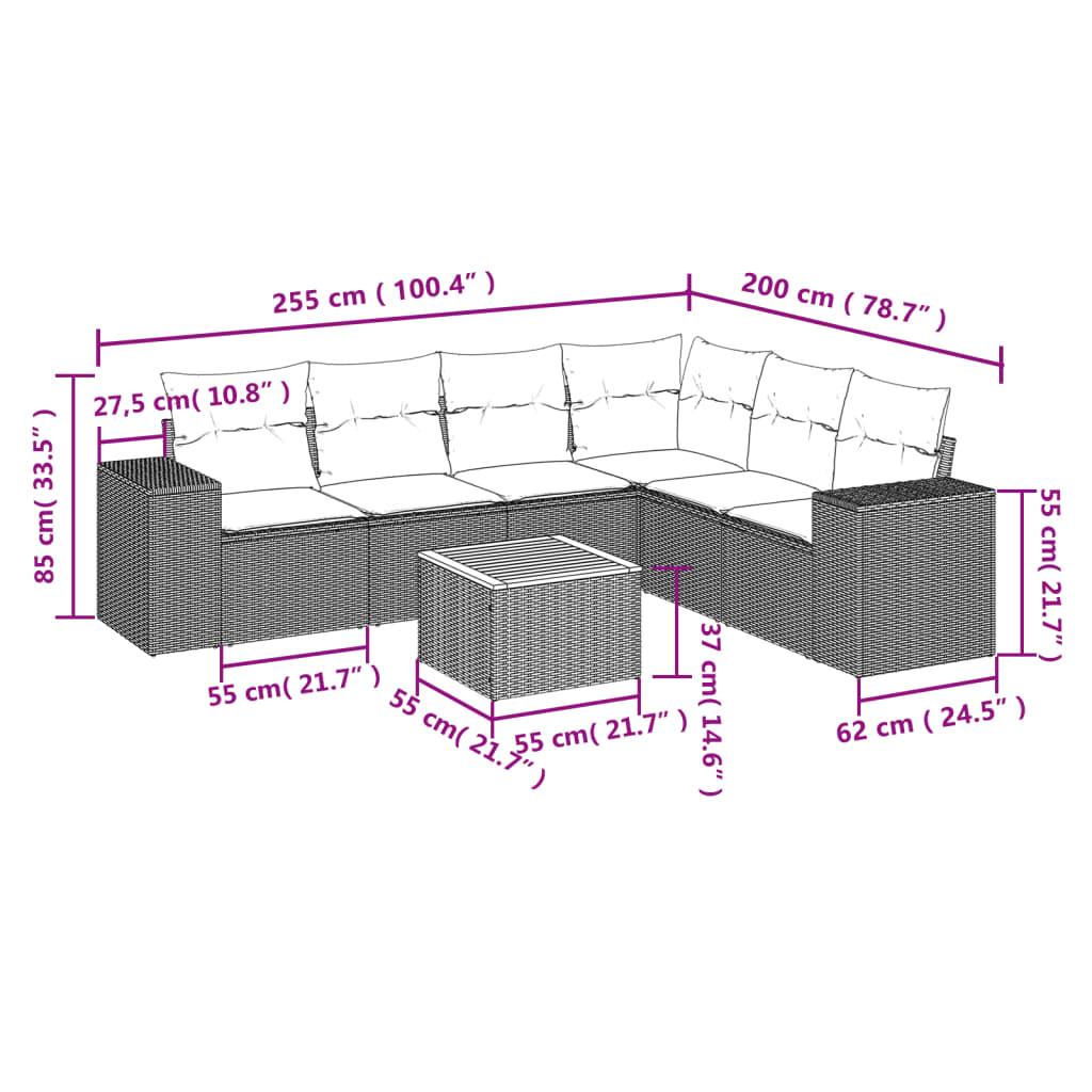7 Pcs conjunto sofás p/ jardim c/ almofadões vime PE cinzento