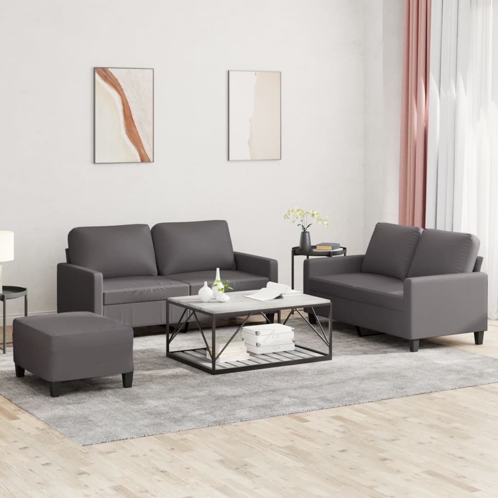 3 Pcs conjunto de sofás c/ almofadões couro artificial cinzento