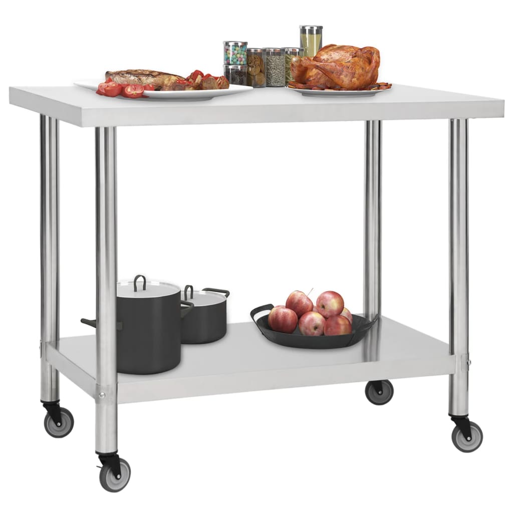 Mesa de trabalho de cozinha c/ rodas aço inoxidável 100x45x85cm