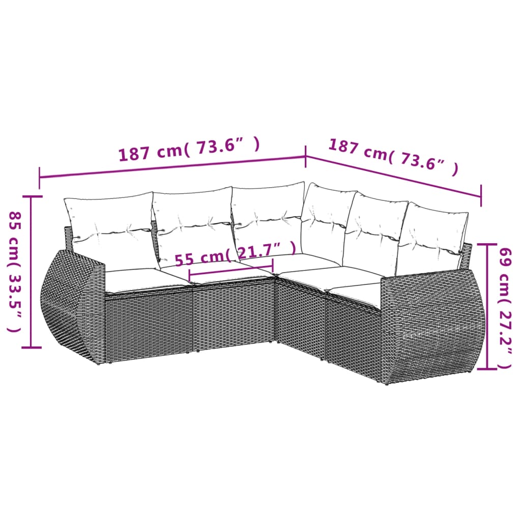 5 Pcs conjunto de sofás p/ jardim com almofadões vime PE bege