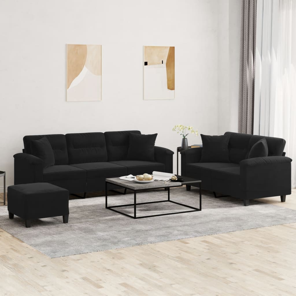 3 Pcs conjunto sofás c/ almofadas tecido de microfibra preto