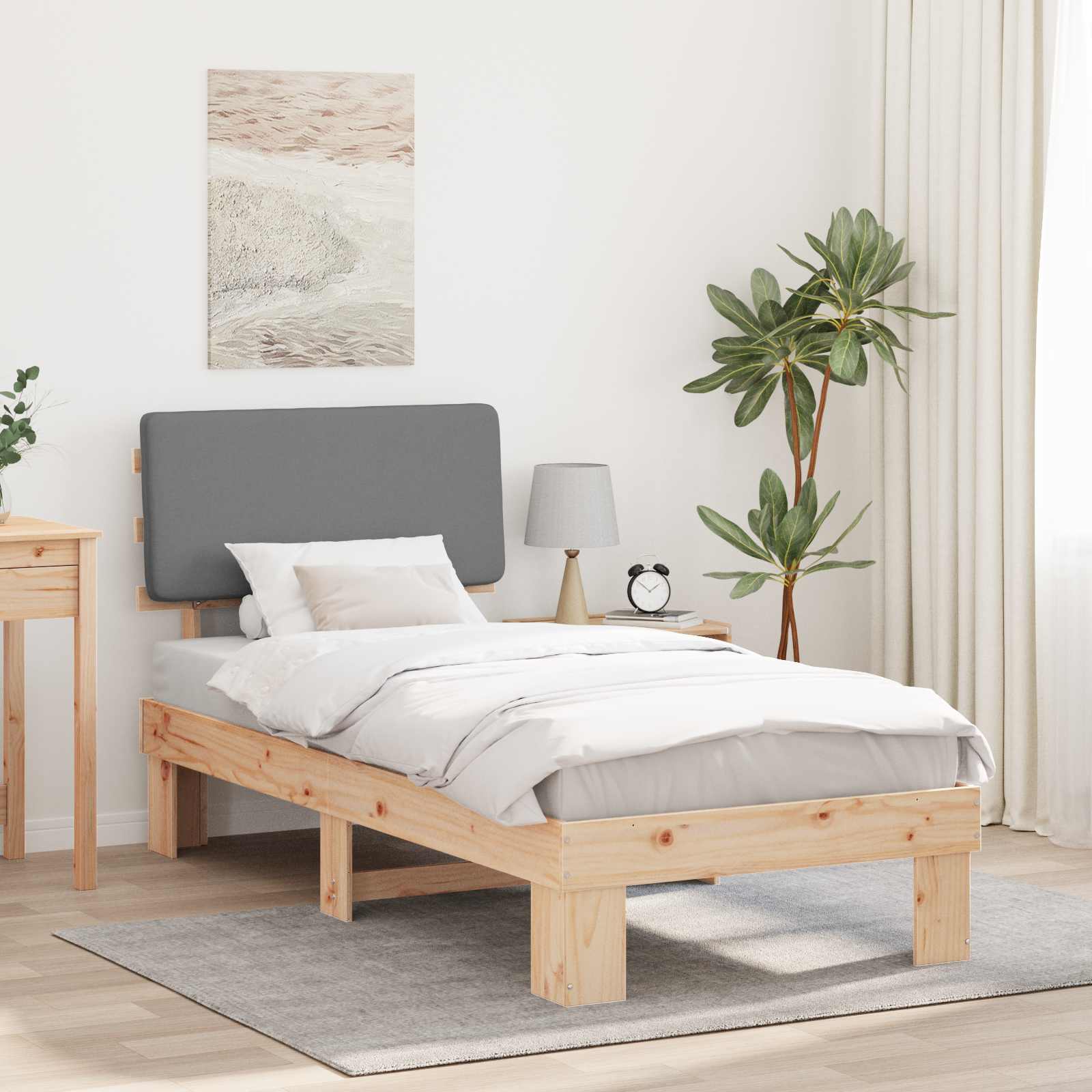 Estrutura de cama com cabeceira estofada cinzento-claro