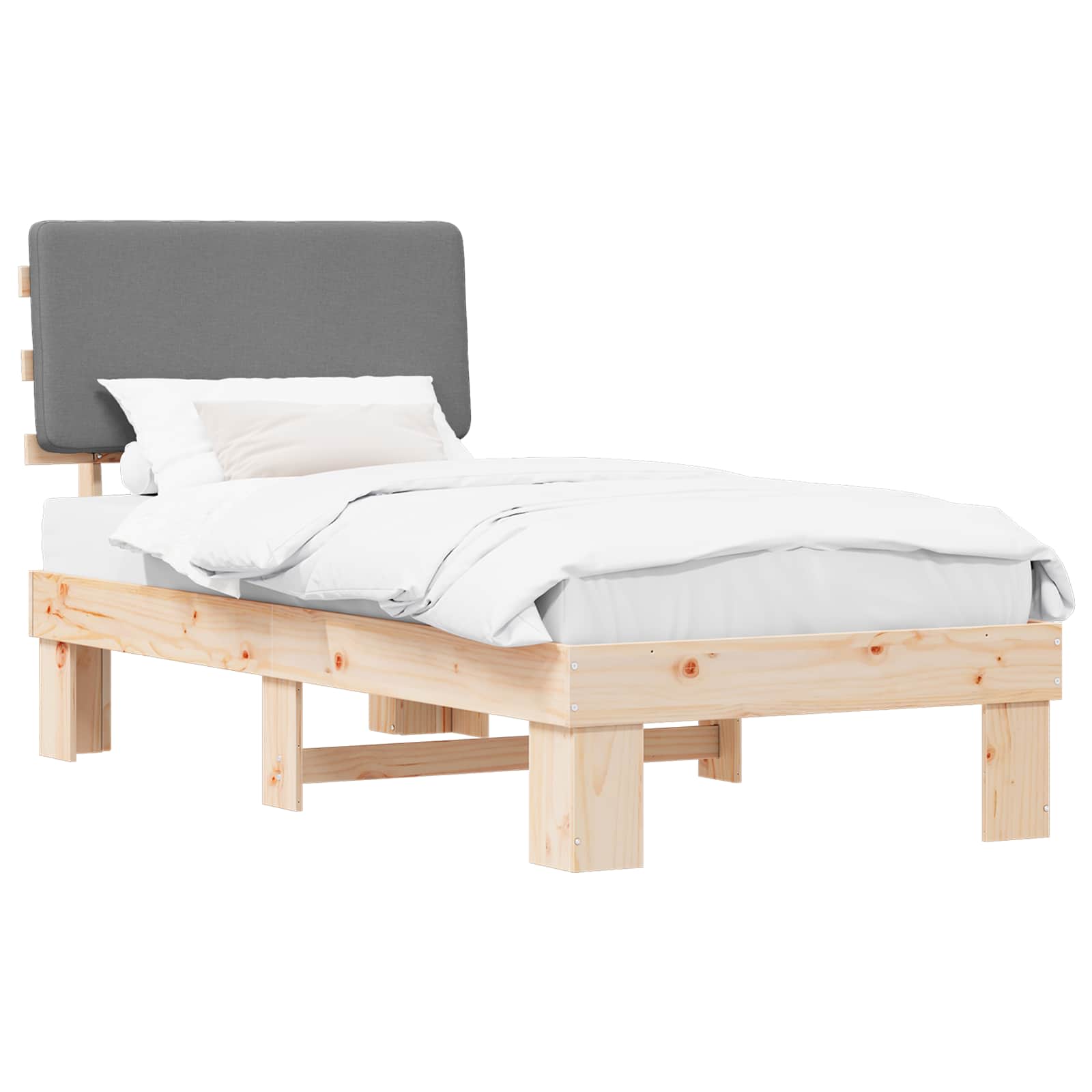 Estrutura de cama com cabeceira estofada cinzento-claro